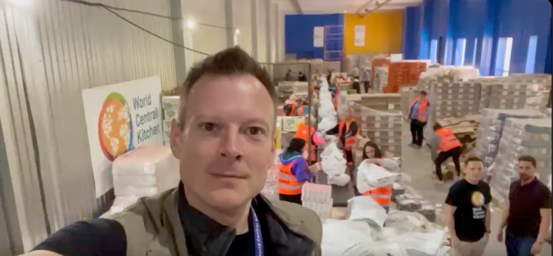 Inside our WCK “factory” in Dnipro, Ukraine where we are increasing production to 15,000 food kits for families each day—equaling 300,000 meals daily! @natemook reports in with Anton, Vlad & the amazing team. These bags go to refugees & communities under fire. #ChefsForUkraine 🇺🇦