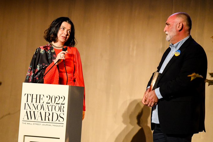 Honored to stand with @Y_Stefanyuk, WCK’s Ukraine country lead, as the organization was named @WSJMag 2022 Humanitarian Innovator. Yuliya was not there to hold my award…I was there to hold hers. I am everyday humbled by the women & men of @WCKitchen who work everyday for others.