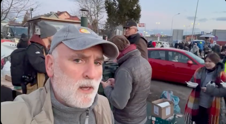 Reporting in from Hrebenne in Poland right on the border! This road goes to Lviv in Ukraine & @WCKitchen has been serving meals to people waiting to cross from there…On this side volunteer firefighters are cooking for refugees. Amazing to see the support here! #ChefsForUkraine