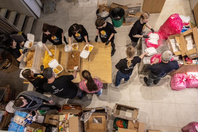 In Lviv, WCK partner Pasta Cafe makes 4,000 meals a day with their 3 restaurants combined—a joint effort! Their plating area is full of food donations & volunteers from the city. Following the missile attacks in Lviv today, all our team & partners are safe. #ChefsForUkraine
