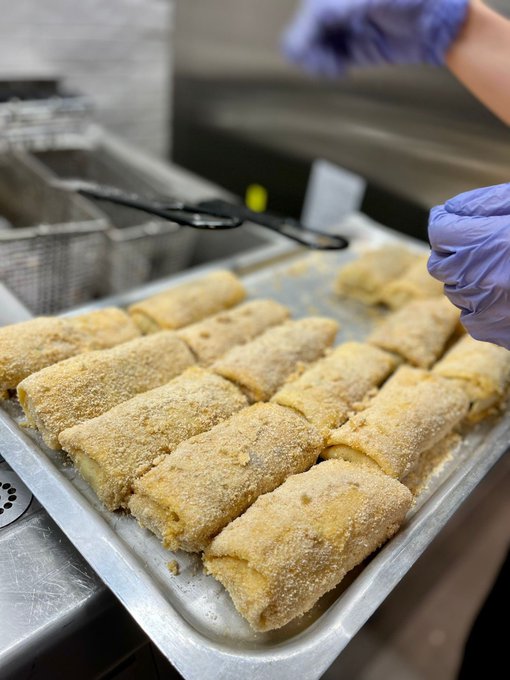 Originally from Ukraine, Chef Galina is preparing handmade Polish krokiety—stuffed crepes, breaded & fried—for 100 refugee families staying at a hotel in Wrocław, Poland. These were filled with mushroom & cheese and served alongside hot, nourishing borscht. #ChefsForUkraine