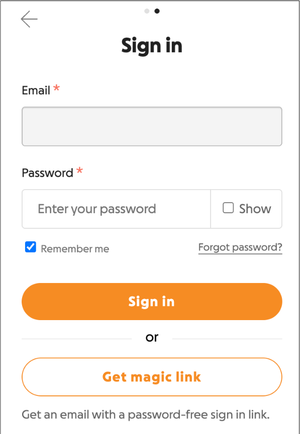 Sign-in screen showing email field, password field with a 'Show' toggle, checked 'Remember me' box, 'Forgot password?' link, an orange 'Sign in' button, and a 'Get magic link' option for password-free sign-in option.